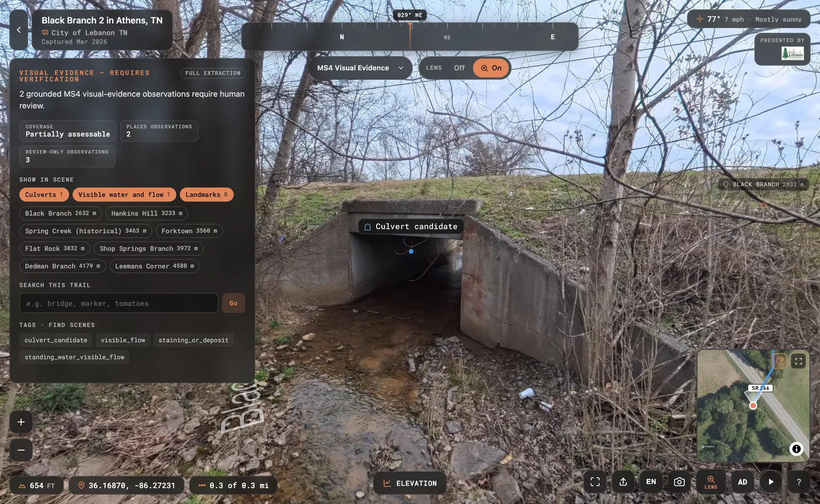 The MS4 Visual Evidence Lens on Black Branch 2: the SR 266 box culvert with the culvert candidate placed on the structure and flow marked in the channel
